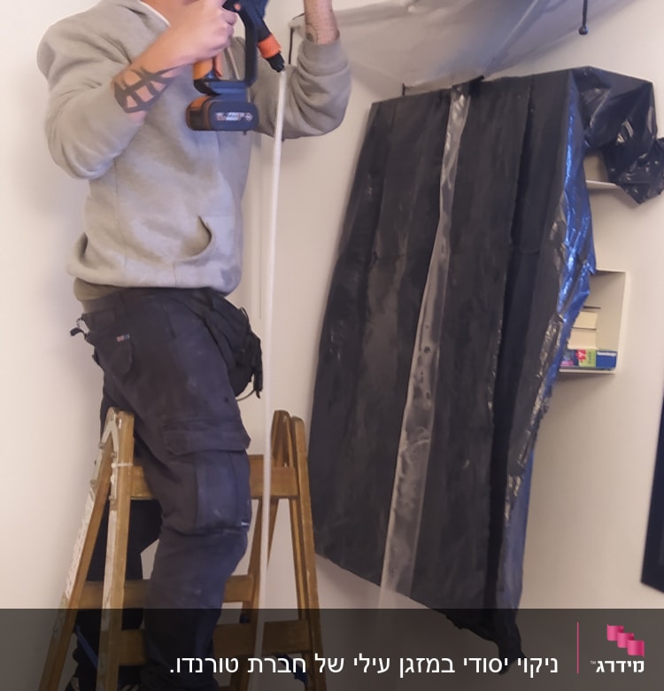 אדם מנקה מזגן עם מכונת שטיפה